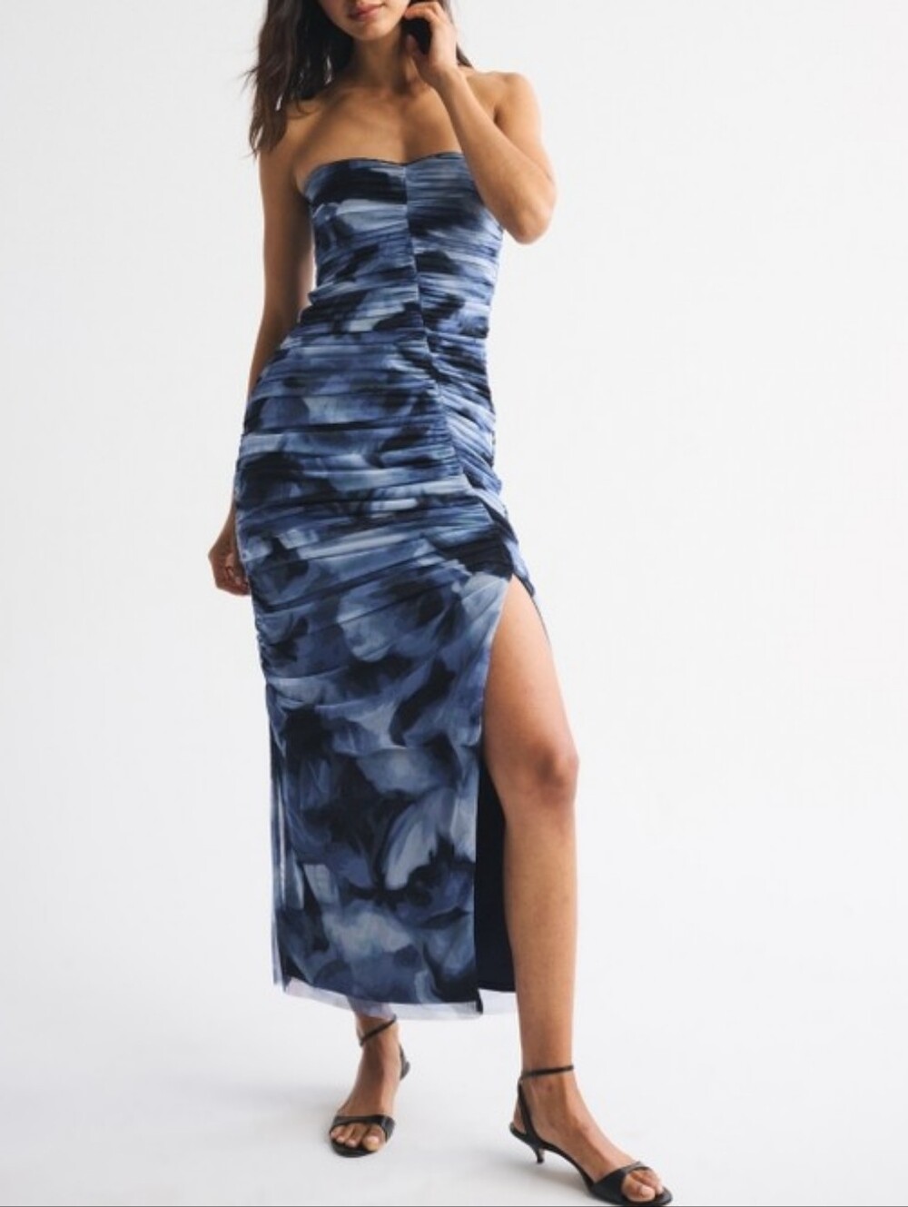 NWT Abercrombie & Fitch Strapless Ruched Mesh Maxi Dress In Blue